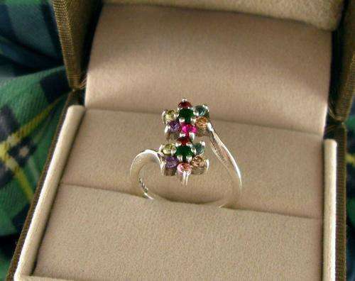 Unusual Vintage Sterling Silver Cluster Ring with Multicolour Stones.