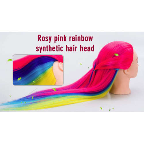 Pastel pink rainbow practice mannequin head, Synthetic heat resistant hair