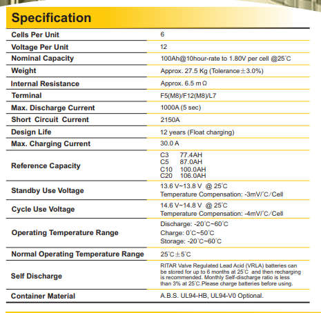 12V Battery Ritar RA 12-100 12V 100AH/10hr Battery 100AH (12v100ah)