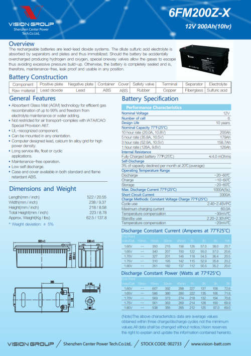 12V Battery Vision 200Ah 12V Deep Cycle AGM Battery 12V Z Series (6FM200Z-X)) 200AH Battery