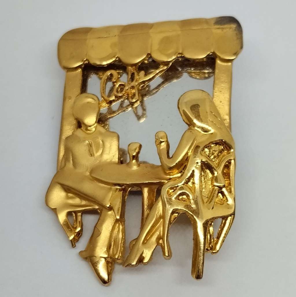 Gold Plated Cafe Brooch with Mirror Back Insert  #F0068