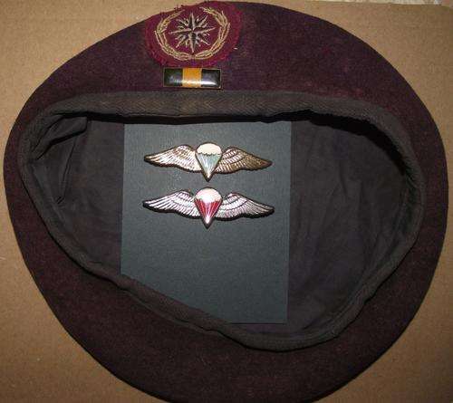 ORIGINAL SADF RECCE BERET-5TH PAT CAP BADGE + 2 METAL PARA WINGS