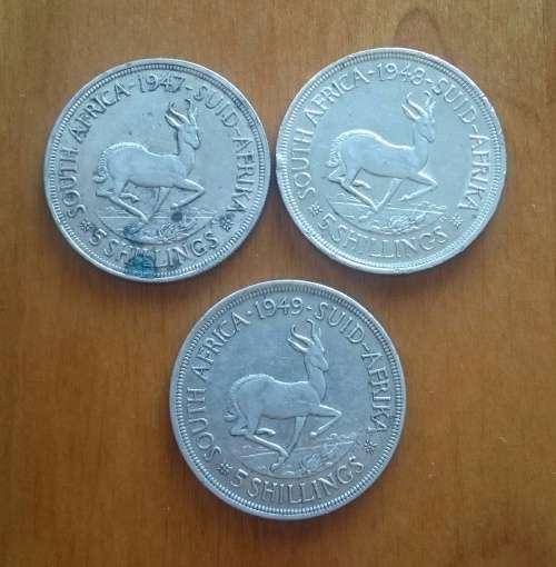 South Africa silver 80% silver 1947, 1948 and 1949 5 shillings in good condition.