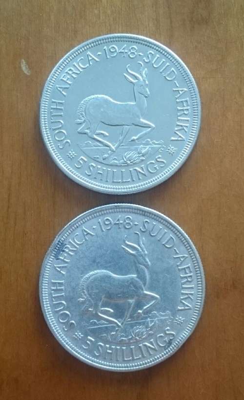 South Africa 80% silver 1948 5 shillings x 2 in good condition.