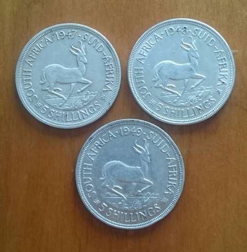 South Africa 80% silver 5 shillings 1947, 1948 and 1949 in good condition.