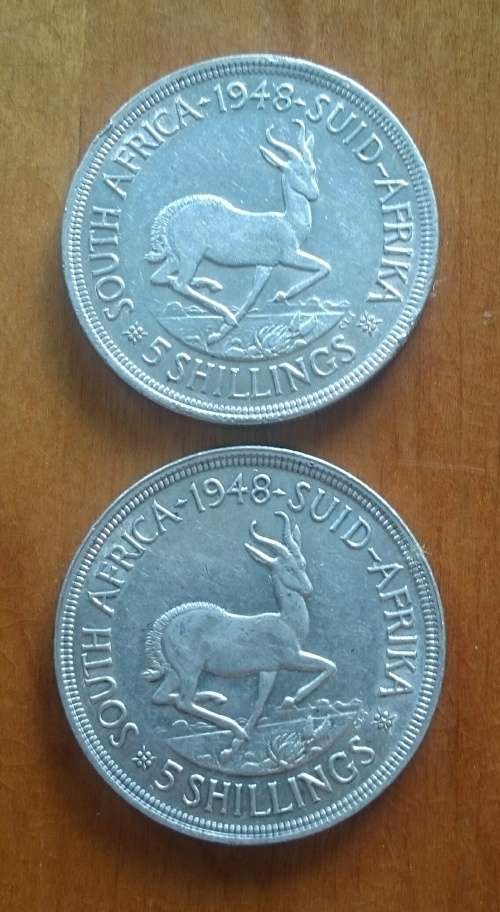 South Africa 80% silver 1948 5 shillings x 2 in good condition.