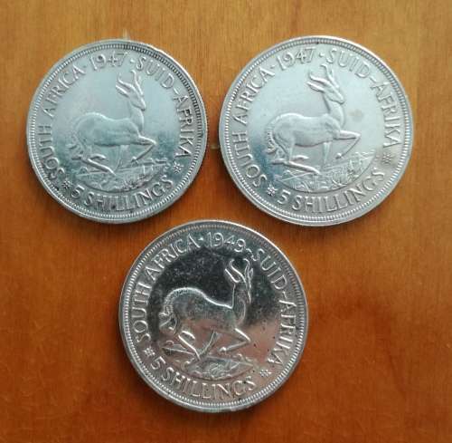 South Africa silver 80% 5 shillings x3 ( 1947 x 1 and 1949 x 2)