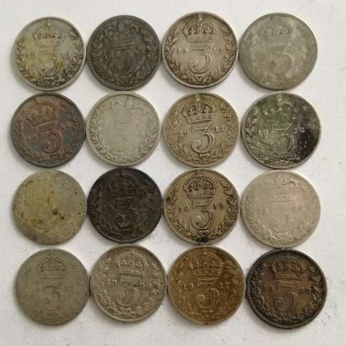 COLLECTION OF 16 STERLING SILVER THREE PENCE COINS.  ONE BID TAKES ALL.
