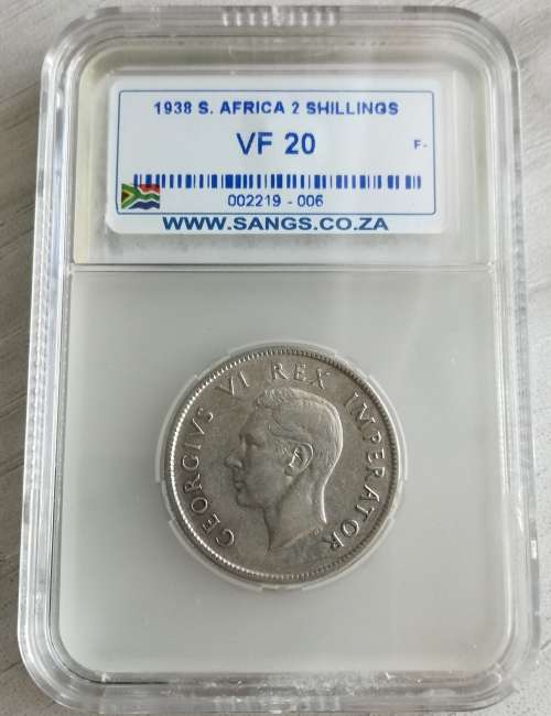 1938 VF20 SILVER SOUTH AFRICA TWO SHILLINGS.