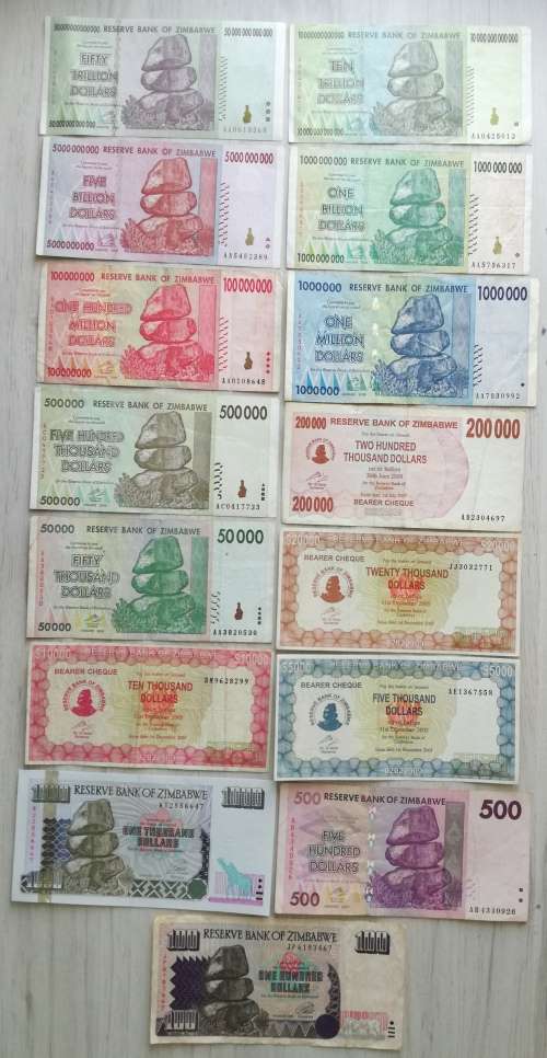 COLLECTION OF 15 ZIMBABWE BANK NOTES.  ONE BID TAKES ALL. PLEASE READ.