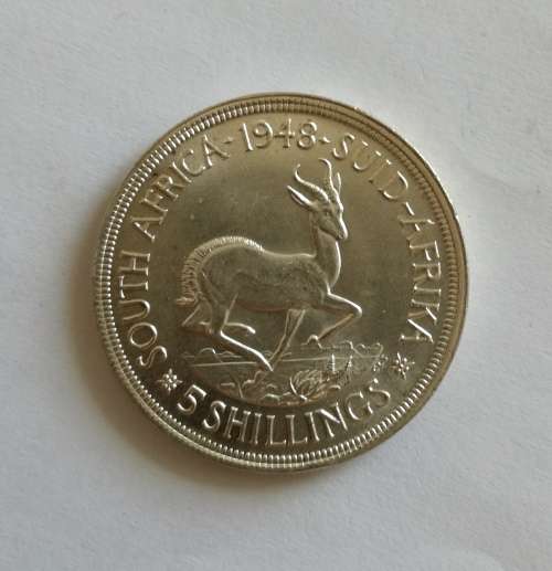 1948 SOUTH AFRICA SILVER 5 SHILLINGS IN GOOD CONDITION.