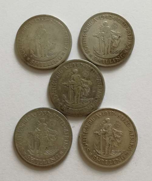 COLLECTION OF 5 X 80% SILVER SOUTH AFRICA SHILLINGS.  ONE BID TAKES ALL.