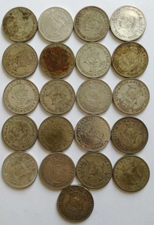 COLLECTION OF 21 X 50 % SILVER HALF CROWNS.  ONE BID TAKES ALL.