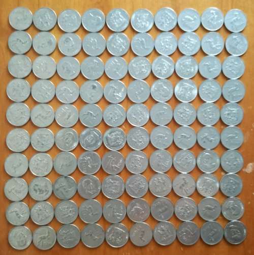 COLLECTION OF 100 NICKEL ONE RANDS.  RANDOM DATES.  ONE BID TAKES ALL.