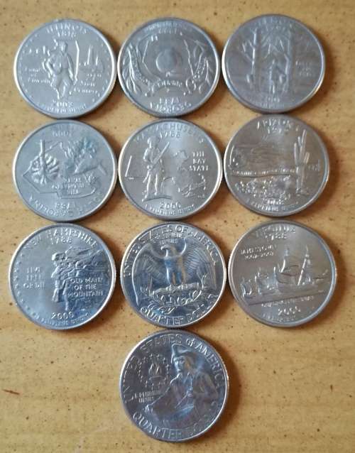 Collection of 10 different American quarter dollars.