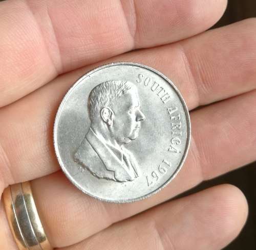 1967 silver South Africa one rand.