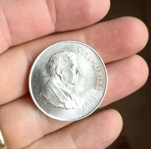1967 silver South Africa one rand.