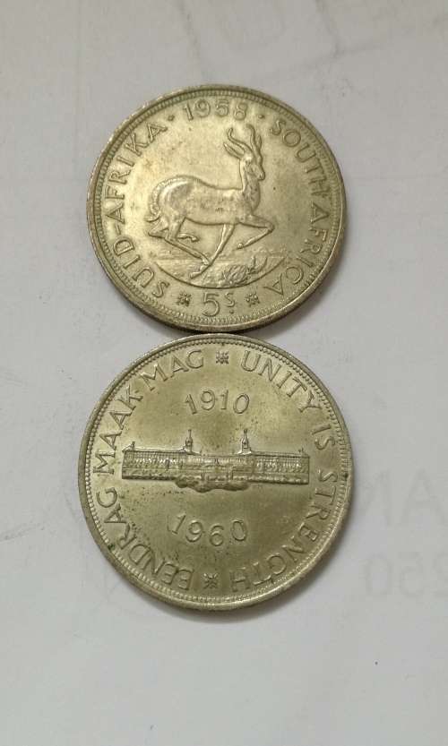 South Africa 1958+1960 Silver 5 Shillings. Photos are in discription.