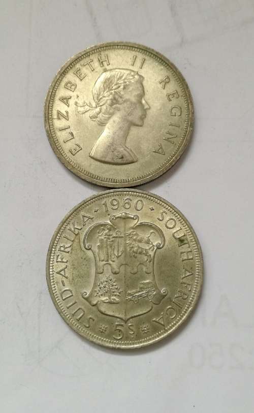 South Africa 1958+1960 Silver 5 Shillings. Photos are in discription.