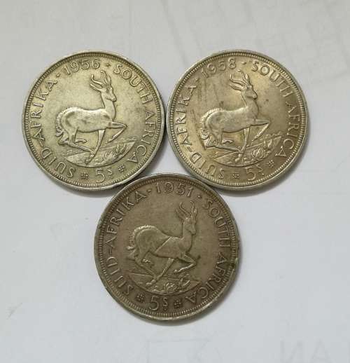 South Africa 1958,56+51 Silver 5 Shillings. Photos are in discription.
