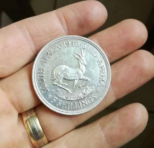 South Africa 1948 Silver 5 Shillings.