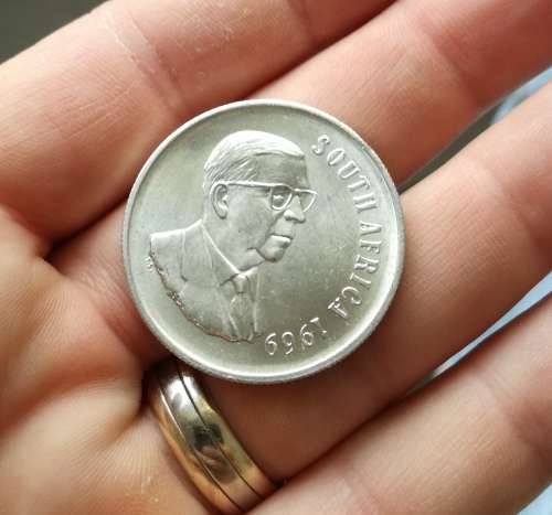 South Africa 1969 English silver one rand.