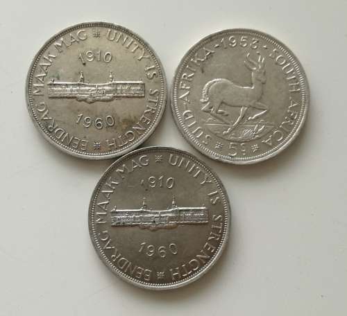 South Africa collection of 3 silver 5 Shillings. 1960x2 and a 1953.