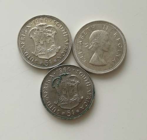 South Africa collection of 3 silver 5 Shillings. 1960x2 and a 1953.