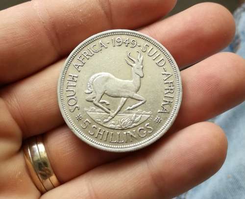 South Africa 1949 silver 5 Shillings.