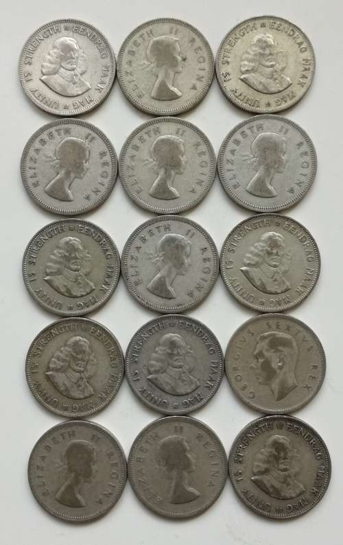 South Africa collection of 15 Two Shillings. 167.37 grams.