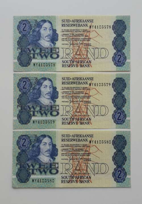 South Africa Replacement UNC consecutive number G. DE Kock R2 notes.