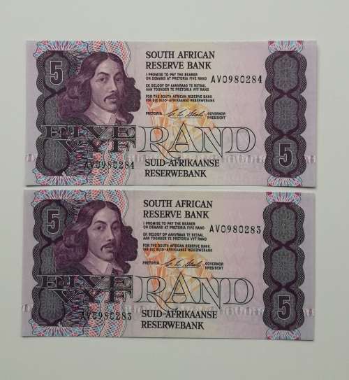 South Africa UNC Consecutive number Stals R5 bank notes.