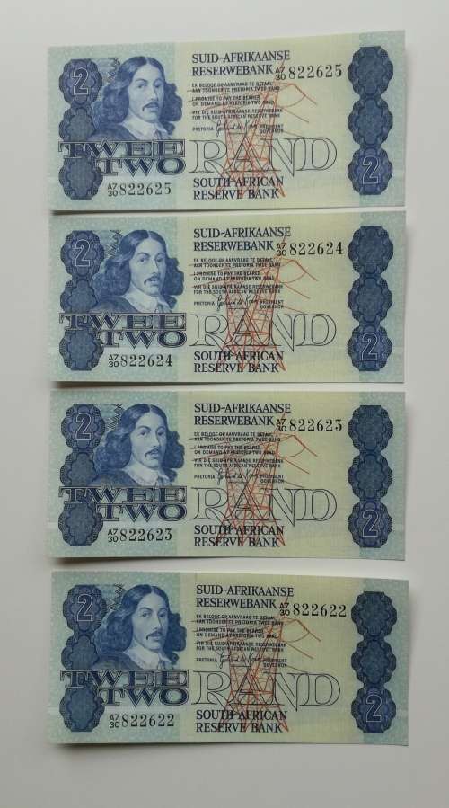 South Africa UNC Consecutive number G. DE Kock R2 bank notes.
