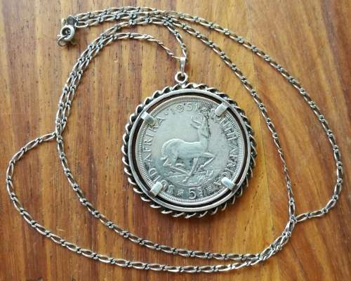 South Africa 1952 Silver 5 Shillings in silver pendant with silver chain.