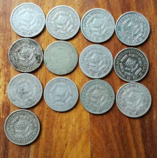 South Africa collection of 13 (80% silver ) sixpence coins. 34.91 Gram. Pleaseescription for dates.