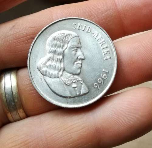 South Africa 1966 Afrikaans silver R1. Good condition.