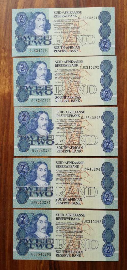 South Africa collection of 5 consecutive number DE Kock R2. Good condition.