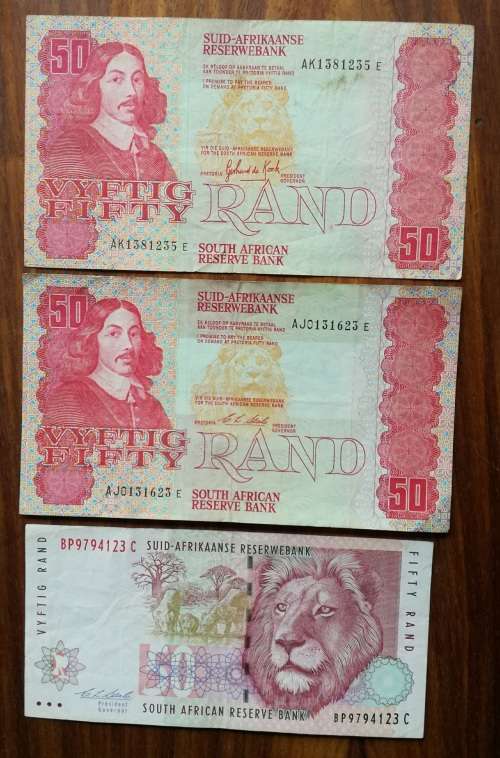 South Africa collection of 3 old R50 bank notes. One bid takes all.