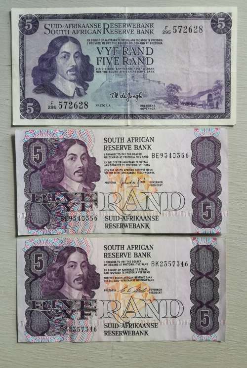 South Africa collection of 3 Different Governors R5 bank notes.