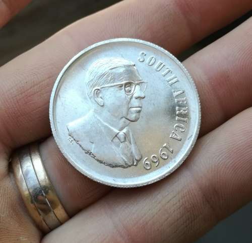 South Africa 1969 Silver English one rand. Great condition.