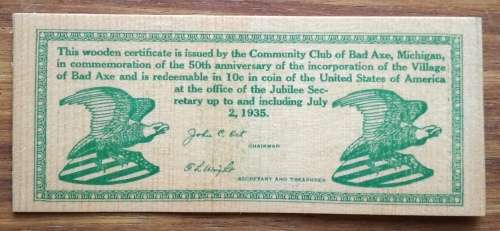 America 1935 Bad Axe Michigan two 2 wooden nickels