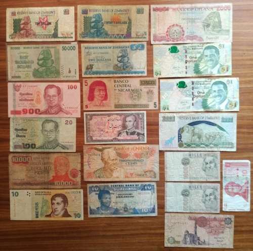 Collection of 20 old bank notes from around the world.