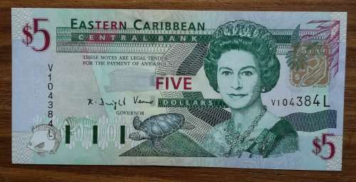 Eastern Caribbean CRISP UNC Five Dollars.