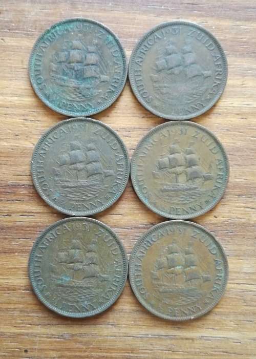South Africa 6 X 1931 Z Half Penny`s. One bid takes a.