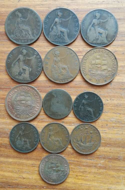 Collection of all different old copper coins.
