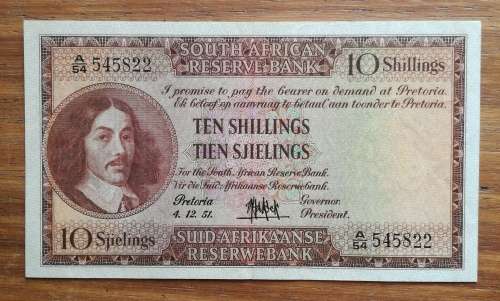 South Africa 4/12/1951 UNC-AUNC M.H. de Kock Ten Shillings bank note.