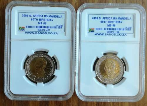 South Africa 2008 Mandela MS66 X2 R5 coins. One bid takes all.