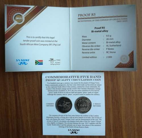Bicentennial of the coinage of Griqua town 1815-2015 R5