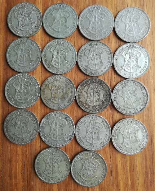 South Africa collection of 18 silver two Shillings. 200.56 grams.