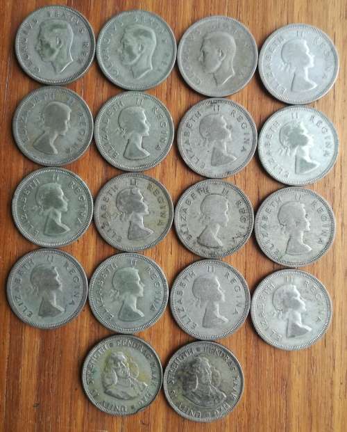 South Africa collection of 18 silver two Shillings. 200.56 grams.
